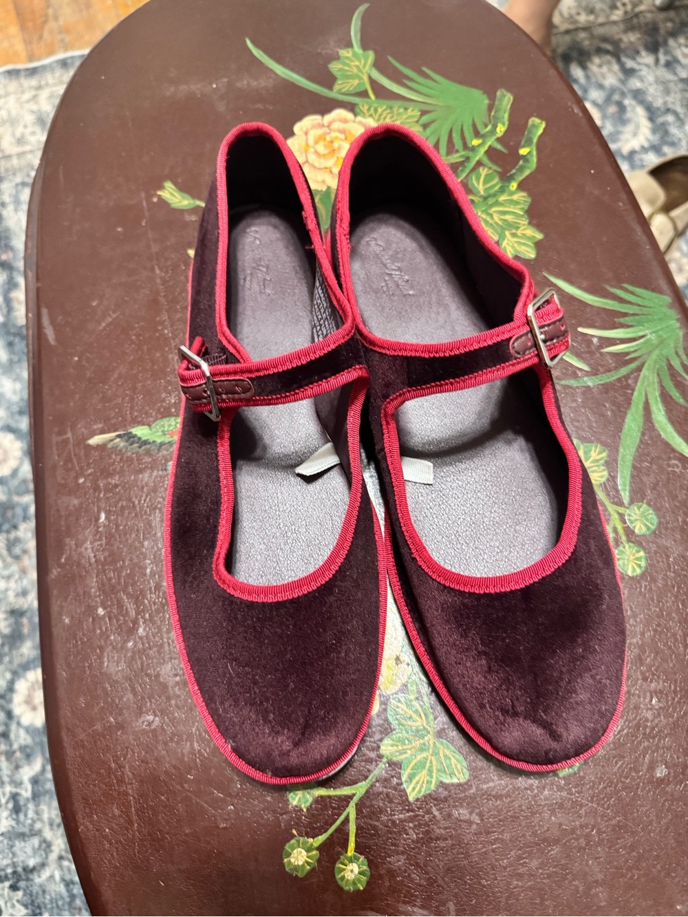 Universal Thread Burgundy Velvet Mary Jane Flats with Red Trim